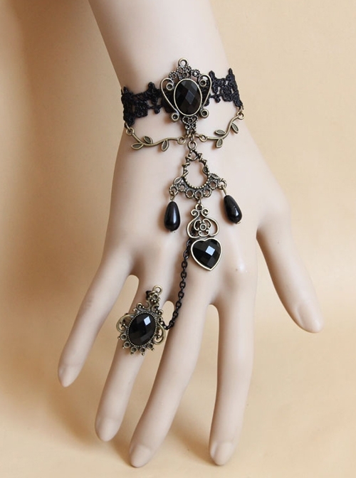 Gothic Black Gemstone Halloween Christmas Female Lace Bracelet With Ring One Chain