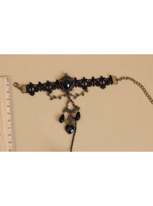 Gothic Black Gemstone Halloween Christmas Female Lace Bracelet With Ring One Chain
