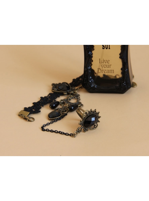 Gothic Black Gemstone Halloween Christmas Female Lace Bracelet With Ring One Chain