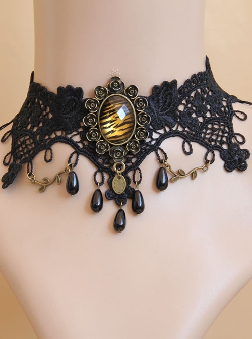Leopard Gothic Pearl Black Chain Lace Fake Collar Fashion Choker
