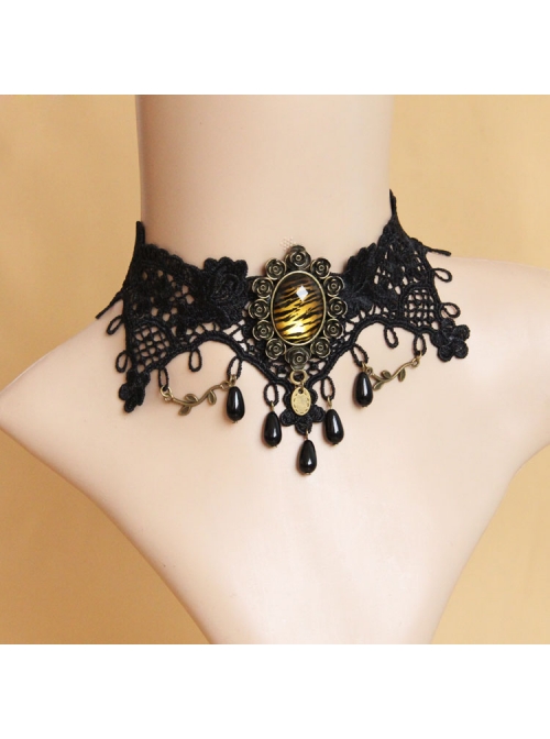 Leopard Gothic Pearl Black Chain Lace Fake Collar Fashion Choker