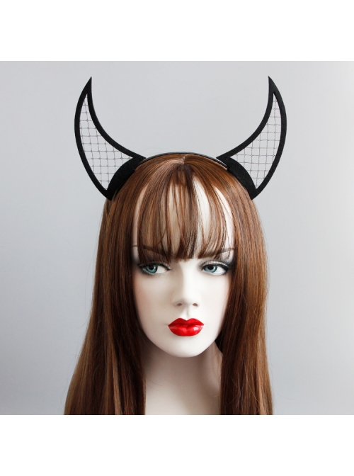 Devil Horn Head Gothic Retro Halloween Black Net Gauze Prom Felt Cloth Female Headband