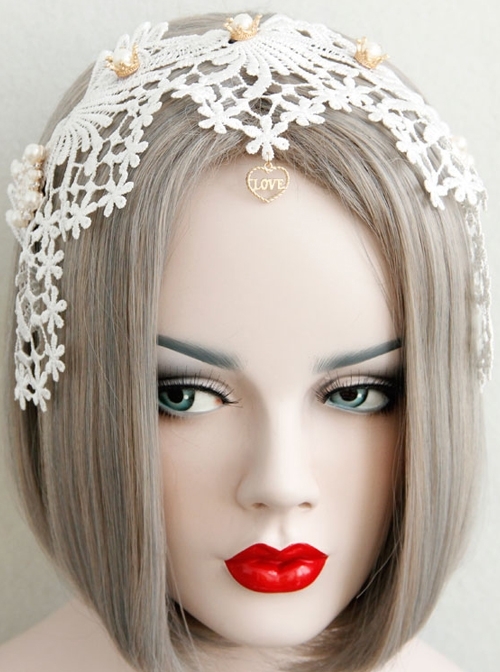 Lolita Small Crown Pearl Lace White Love Wide Brim Ladies Wedding Dress Headband