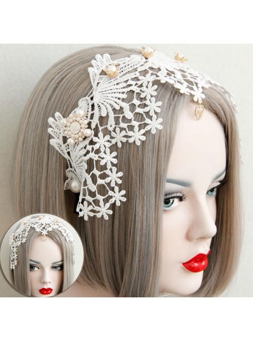 Lolita Small Crown Pearl Lace White Love Wide Brim Ladies Wedding Dress Headband