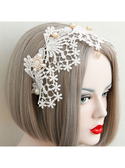 Lolita Small Crown Pearl Lace White Love Wide Brim Ladies Wedding Dress Headband
