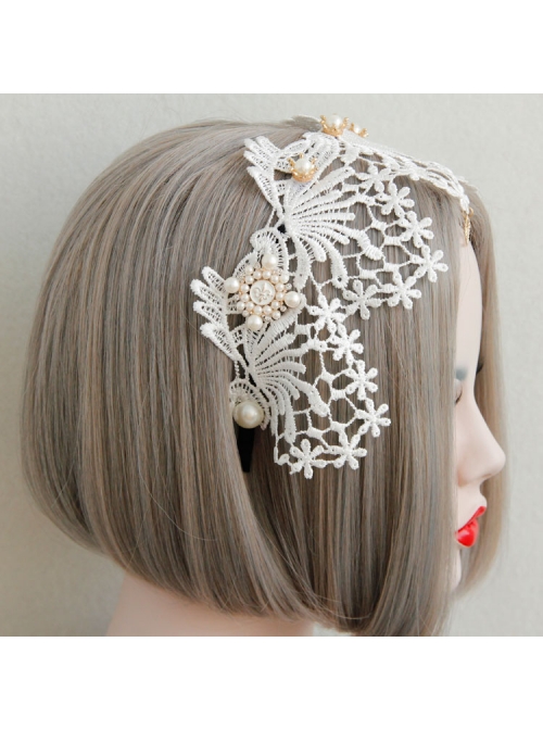 Lolita Small Crown Pearl Lace White Love Wide Brim Ladies Wedding Dress Headband