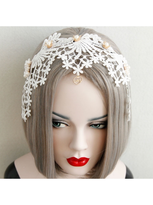 Lolita Small Crown Pearl Lace White Love Wide Brim Ladies Wedding Dress Headband