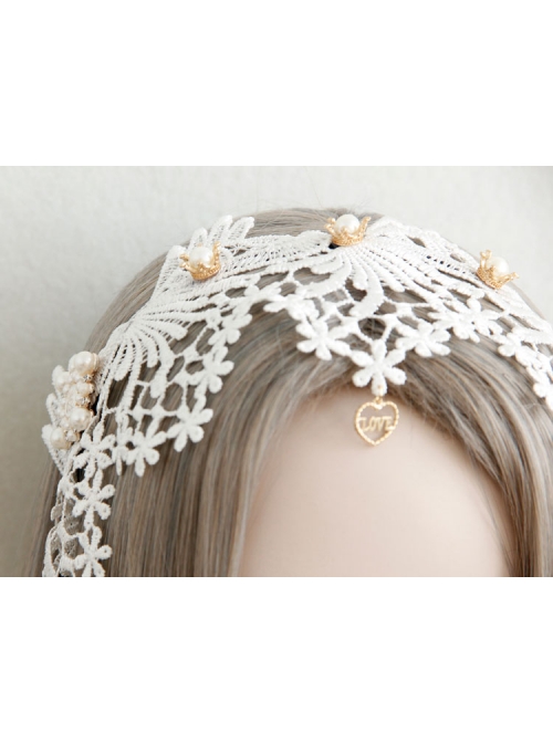Lolita Small Crown Pearl Lace White Love Wide Brim Ladies Wedding Dress Headband