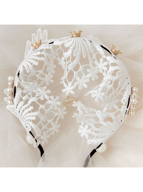 Lolita Small Crown Pearl Lace White Love Wide Brim Ladies Wedding Dress Headband