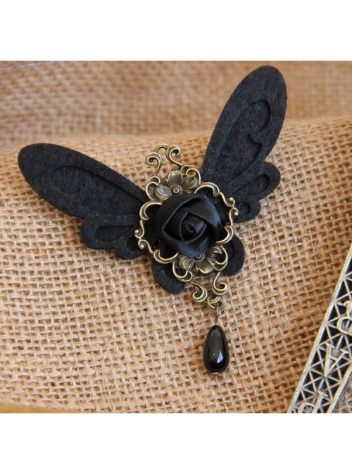 Gothic Womens Retro Handmade Cute Female Pearl Black Butterfly Cloth Brooch Buckle