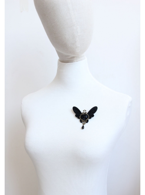 Gothic Womens Retro Handmade Cute Female Pearl Black Butterfly Cloth Brooch Buckle