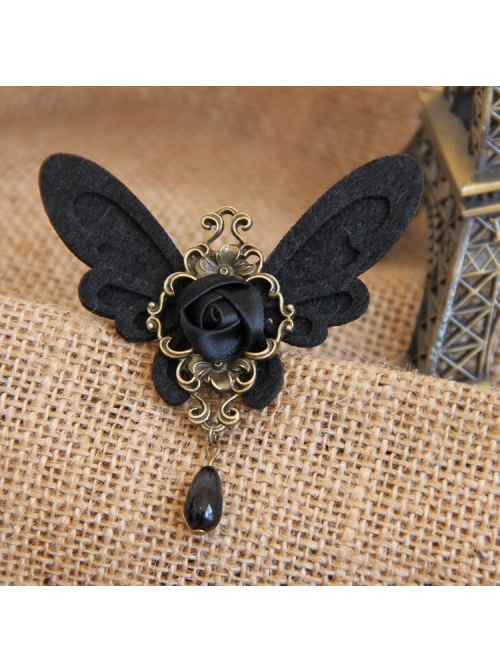 Gothic Womens Retro Handmade Cute Female Pearl Black Butterfly Cloth Brooch Buckle