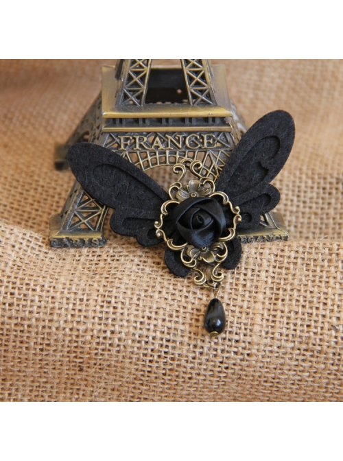 Gothic Womens Retro Handmade Cute Female Pearl Black Butterfly Cloth Brooch Buckle