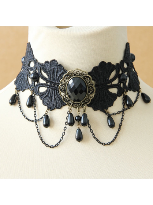 Black Gothic Diamond Pearl Lace Fake Collar Female Exaggerated Short Clavicle Chain
