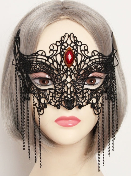 Fashion Gothic Womens Half Face Sexy Black Lace Tassel Gems Fox Exaggerated Prom Mask