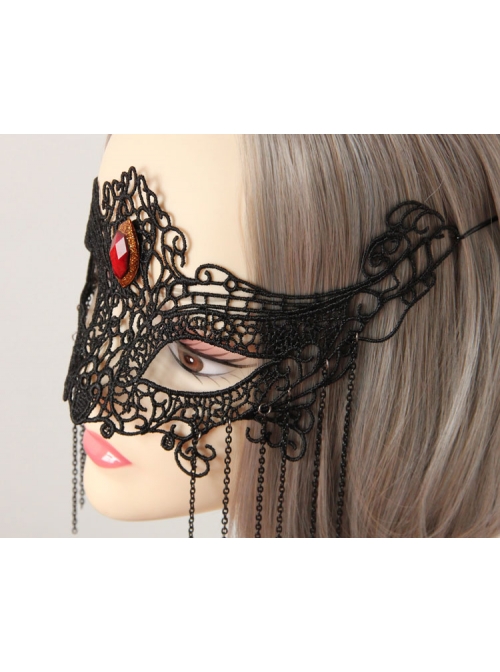 Fashion Gothic Womens Half Face Sexy Black Lace Tassel Gems Fox Exaggerated Prom Mask