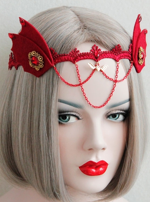 Gothic Womens Demon Animal Ears Wine Red Chain Gems Felt Cloth Headband Halloween Head Accessories