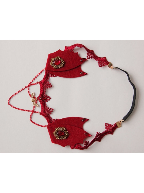 Gothic Womens Demon Animal Ears Wine Red Chain Gems Felt Cloth Headband Halloween Head Accessories