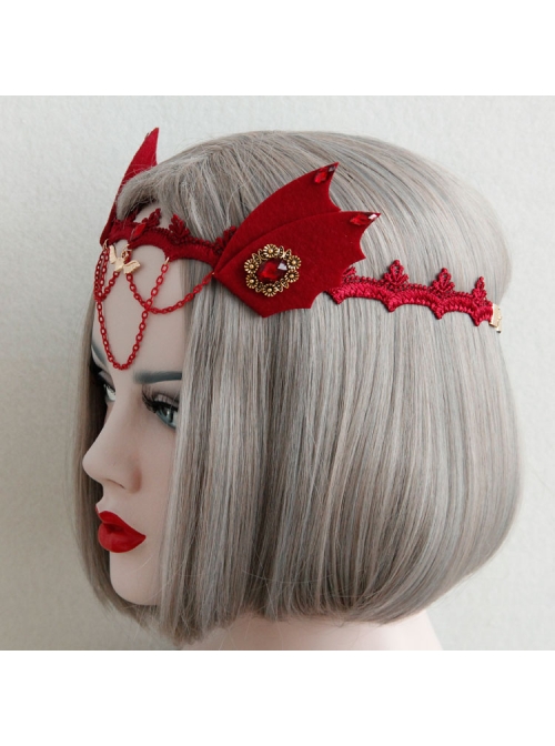 Gothic Womens Demon Animal Ears Wine Red Chain Gems Felt Cloth Headband Halloween Head Accessories