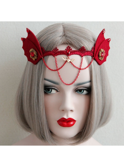 Gothic Womens Demon Animal Ears Wine Red Chain Gems Felt Cloth Headband Halloween Head Accessories