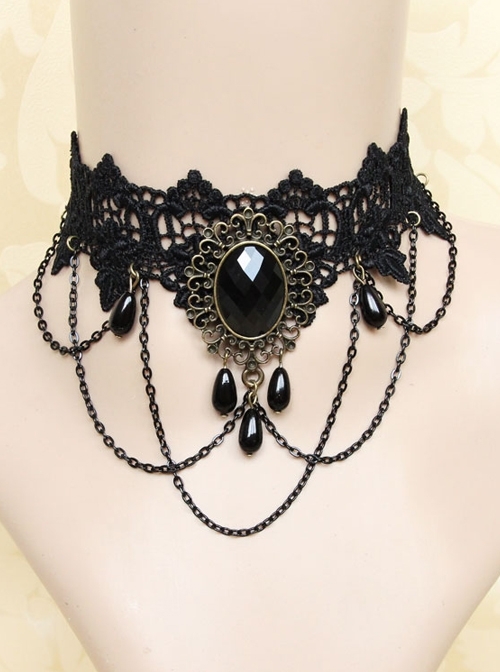 Gothic Exaggerated Fashion Chain Gemstone Black Lace Female Short Necklace