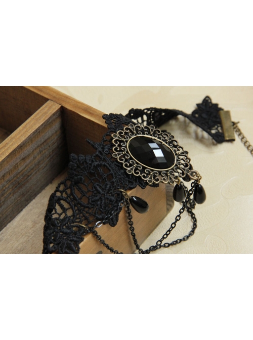Gothic Exaggerated Fashion Chain Gemstone Black Lace Female Short Necklace