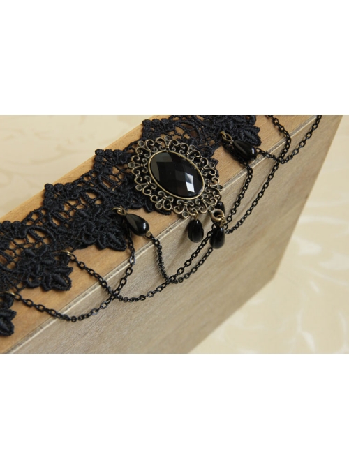 Gothic Exaggerated Fashion Chain Gemstone Black Lace Female Short Necklace