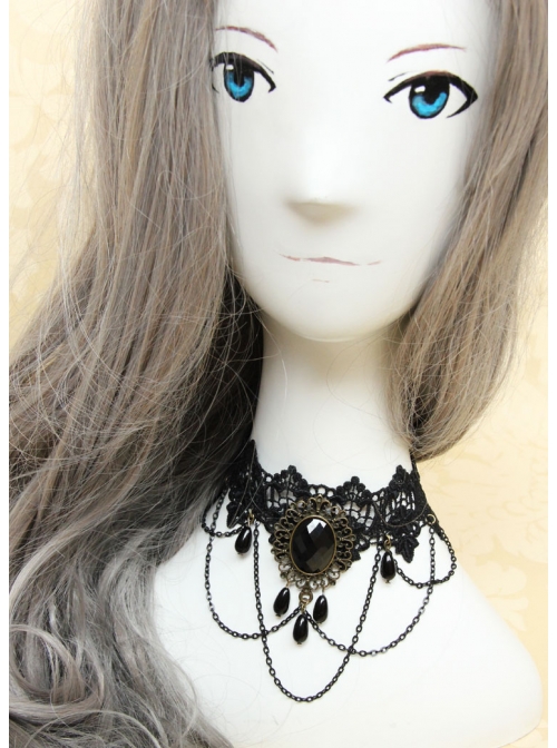Gothic Exaggerated Fashion Chain Gemstone Black Lace Female Short Necklace