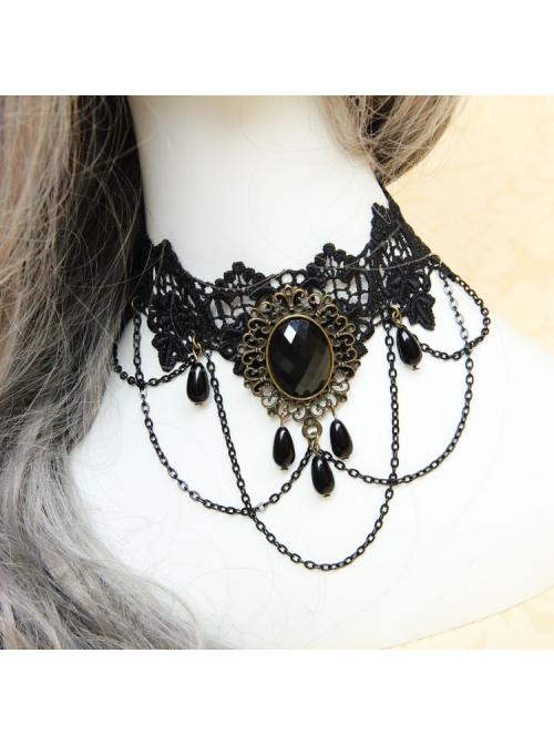 Gothic Exaggerated Fashion Chain Gemstone Black Lace Female Short Necklace