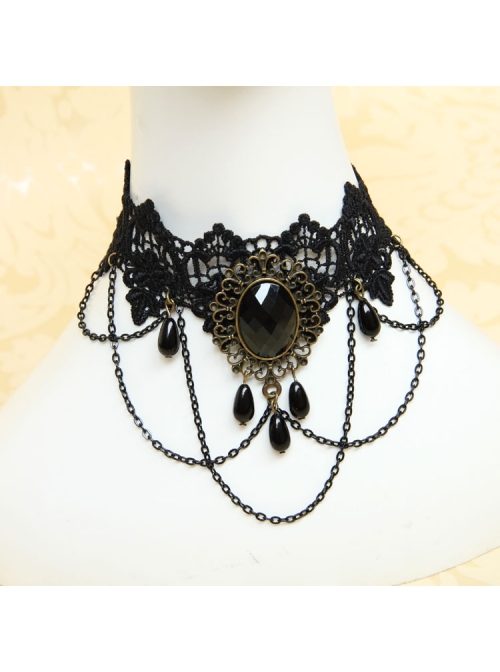Gothic Exaggerated Fashion Chain Gemstone Black Lace Female Short Necklace