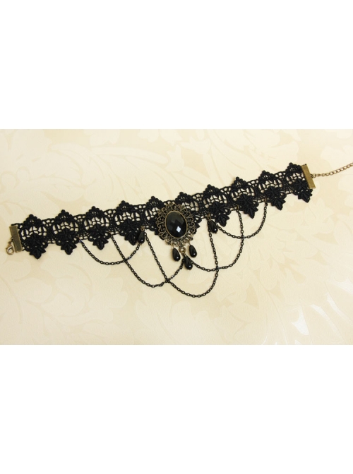 Gothic Exaggerated Fashion Chain Gemstone Black Lace Female Short Necklace