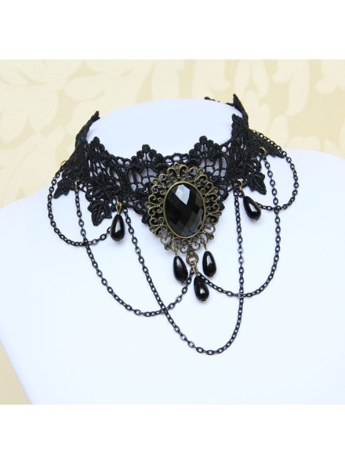 Gothic Exaggerated Fashion Chain Gemstone Black Lace Female Short Necklace