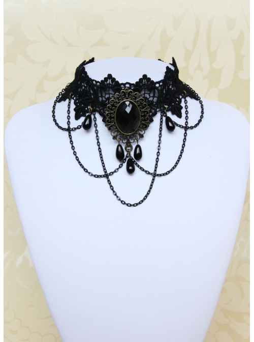 Gothic Exaggerated Fashion Chain Gemstone Black Lace Female Short Necklace