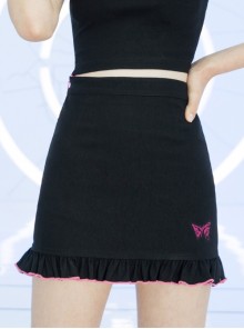 Black Punk Butterfly Embroidered Frill Hem Skirt