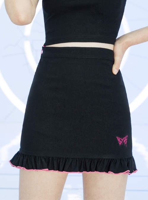 Black Punk Butterfly Embroidered Frill Hem Skirt