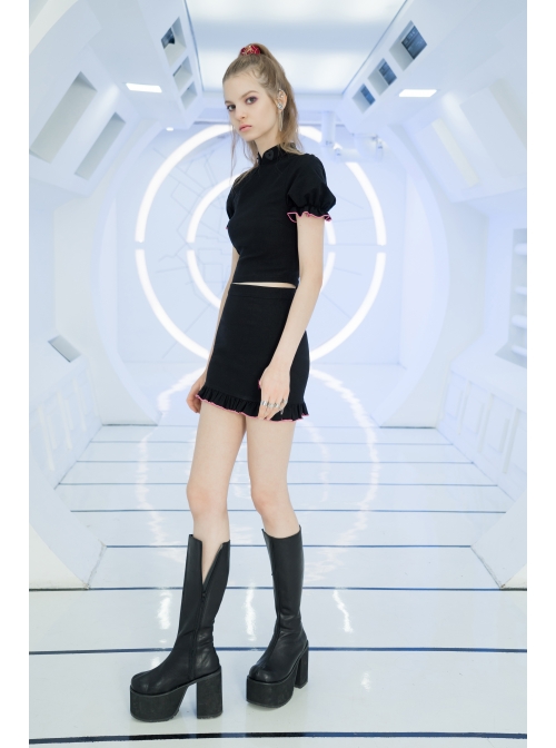 Black Punk Butterfly Embroidered Frill Hem Skirt