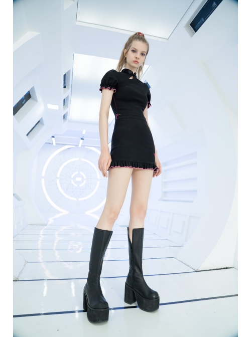 Black Punk Butterfly Embroidered Frill Hem Skirt