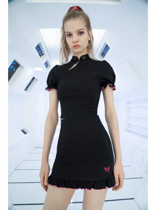 Black Punk Butterfly Embroidered Frill Hem Skirt