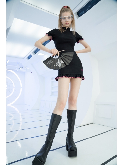 Black Punk Butterfly Embroidered Frill Hem Skirt