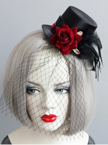 Gothic Punk Retro Red Rose Feather Mesh Sexy Black Topper Hairpin