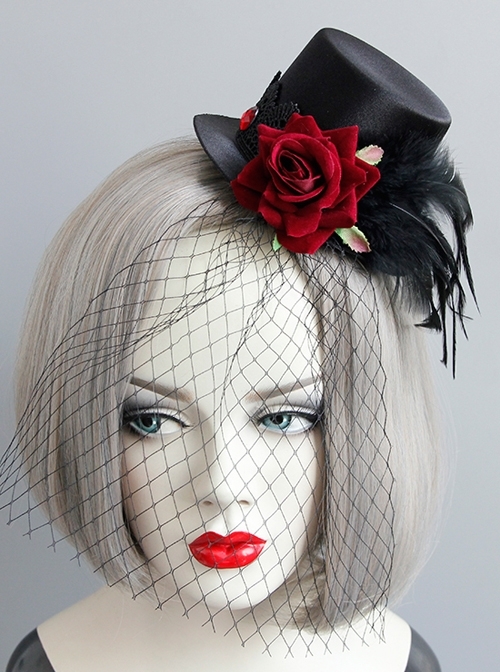 Gothic Punk Retro Red Rose Feather Mesh Sexy Black Topper Hairpin
