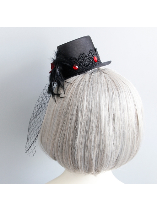 Gothic Punk Retro Red Rose Feather Mesh Sexy Black Topper Hairpin