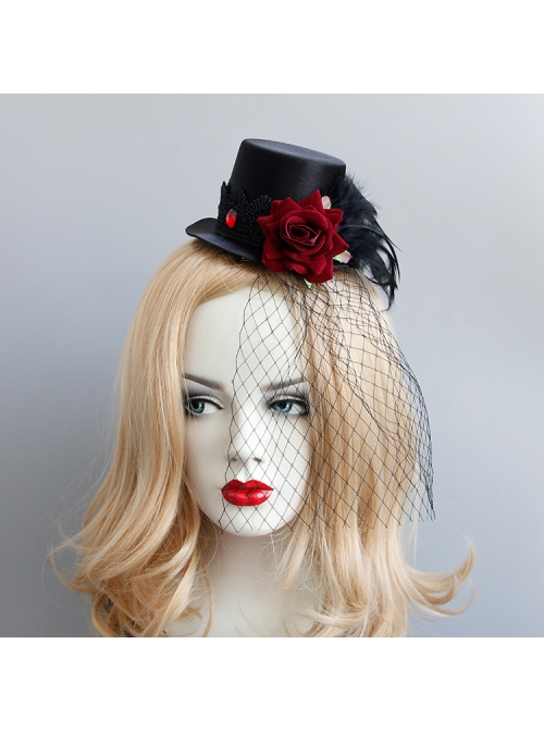 Gothic Punk Retro Red Rose Feather Mesh Sexy Black Topper Hairpin