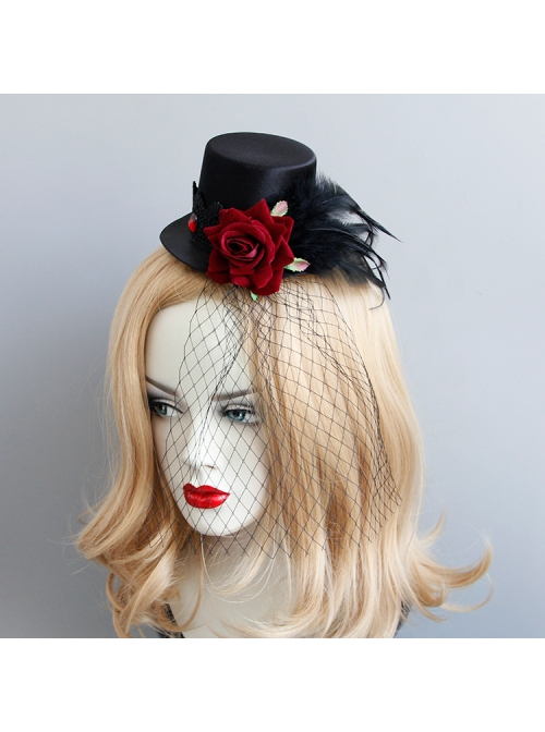 Gothic Punk Retro Red Rose Feather Mesh Sexy Black Topper Hairpin