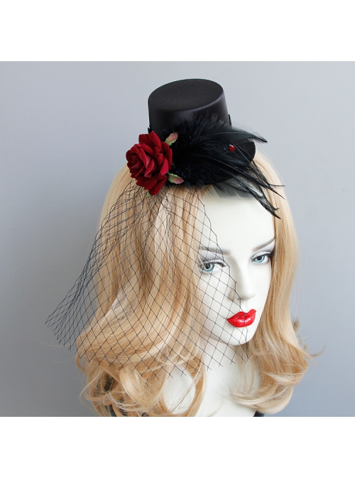 Gothic Punk Retro Red Rose Feather Mesh Sexy Black Topper Hairpin