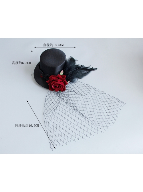 Gothic Punk Retro Red Rose Feather Mesh Sexy Black Topper Hairpin