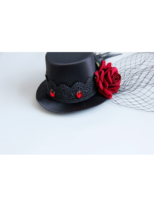 Gothic Punk Retro Red Rose Feather Mesh Sexy Black Topper Hairpin