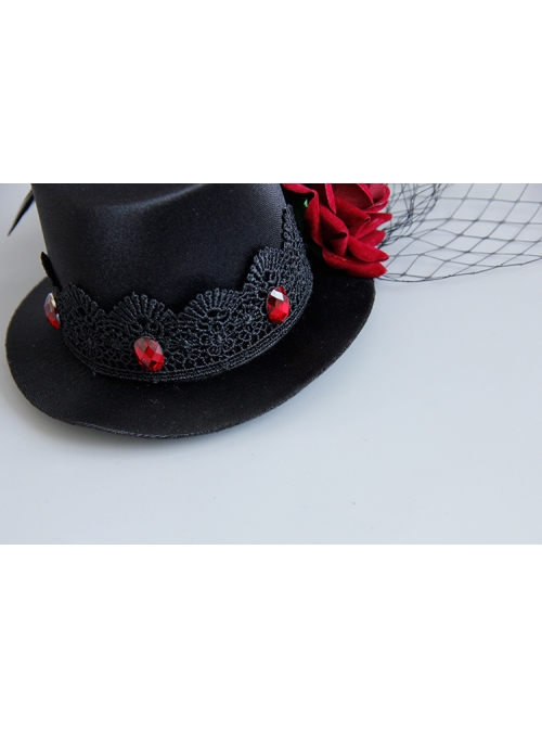 Gothic Punk Retro Red Rose Feather Mesh Sexy Black Topper Hairpin