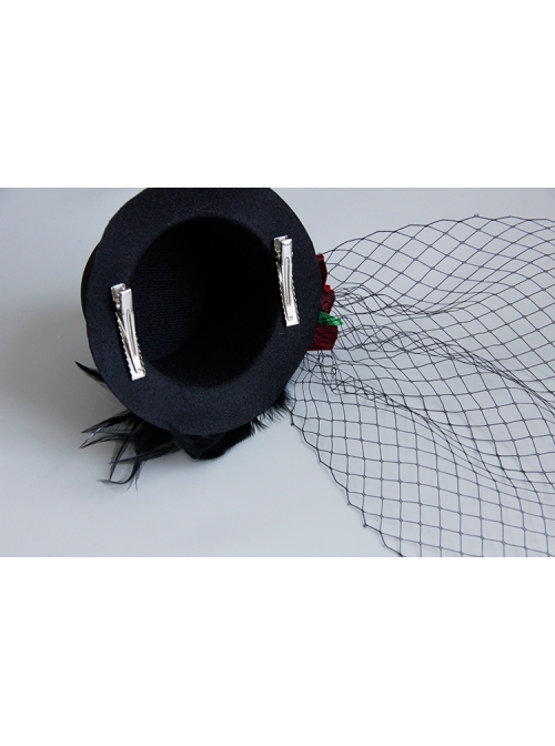 Gothic Punk Retro Red Rose Feather Mesh Sexy Black Topper Hairpin