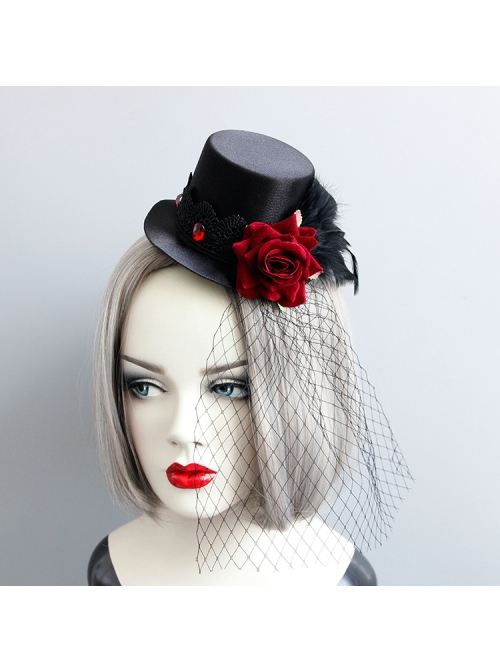 Gothic Punk Retro Red Rose Feather Mesh Sexy Black Topper Hairpin